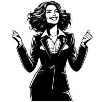 Black and White Illustration of a Woman in Business Suit is dancing and shaking in a Successful Pose vector