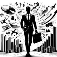 Black and white Illustration of a successful Business Man with Money Cars and Luxus vector