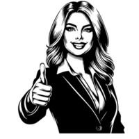 Black and White Illustration of a Woman in Business Suit is showing the Thumbs up Sign vector