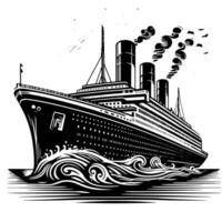 Black and White Illustration of a ocean liner at the sea vector