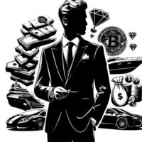 negro y blanco ilustración de un exitoso negocio hombre con dinero carros muchachas y lujo vector