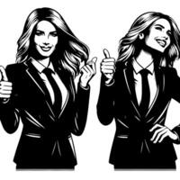 Black and White Illustration of a Woman in Business Suit is showing the Thumbs up Sign vector