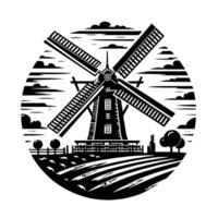 Black and White Illustration of a traditional old Windmill in Holland vector