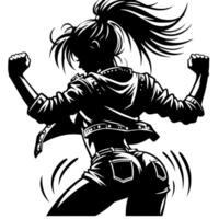 negro y blanco ilustración de un punk mujer es bailando y sacudida en un exitoso actitud vector