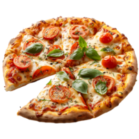 Freshly baked pizza with a cut slice on isolated transparent background png