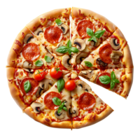 Freshly baked pizza with a cut slice on isolated transparent background png