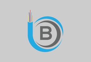 Initial B monogram letter alphabet with electric wire, optical fiber cable. vector