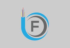 Initial F monogram letter alphabet with electric wire, optical fiber cable. vector