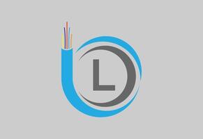 Initial L monogram letter alphabet with electric wire, optical fiber cable. vector