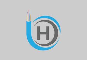 Initial H monogram letter alphabet with electric wire, optical fiber cable. vector