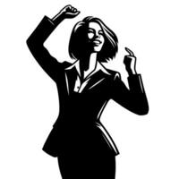 negro y blanco ilustración de un mujer en negocio traje es bailando y sacudida en un exitoso actitud vector