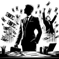 Black and white Illustration of a successful Business Man with Money Cars and Luxus vector