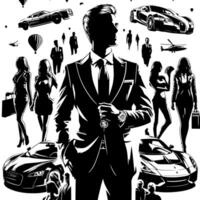 negro y blanco ilustración de un exitoso negocio hombre con dinero carros muchachas y lujo vector