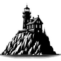 Black and White Illustration of a traditional old Lighthouse on the rocks vector