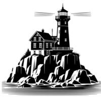 Black and White Illustration of a traditional old Lighthouse on the rocks vector