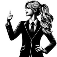 negro y blanco ilustración de un mujer en negocio traje es demostración el pulgares arriba firmar vector