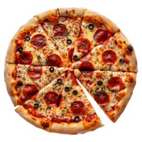 frisch gebacken Pizza mit ein Schnitt Scheibe auf isoliert transparent Hintergrund png