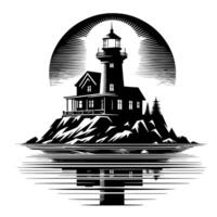 Black and White Illustration of a traditional old Lighthouse on the rocks vector