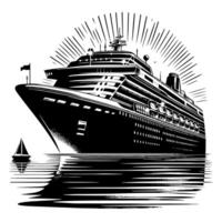 Black and White Illustration of a ocean liner at the sea vector