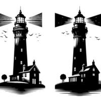 Black and White Illustration of a traditional old Lighthouse on the rocks vector