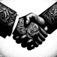 Black and white Illustration of a Handshake bewtween two Business Men in Suits vector