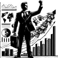 Black and white Illustration of a successful Business Man with Money Cars and Luxus vector