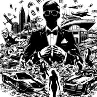 negro y blanco ilustración de un exitoso negocio hombre con dinero carros muchachas y lujo vector