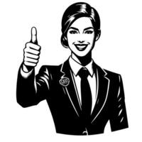 Black and White Illustration of a Woman in Business Suit is showing the Thumbs up Sign vector