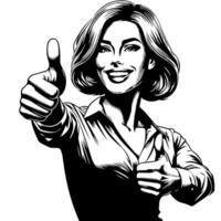 Black and White Illustration of a Woman in Business Suit is showing the Thumbs up Sign vector