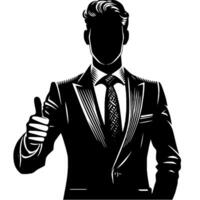 negro y blanco ilustración de un hombre en negocio traje es demostración el pulgares arriba firmar vector