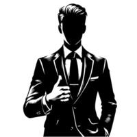 negro y blanco ilustración de un hombre en negocio traje es demostración el pulgares arriba firmar vector