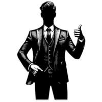 Black and White Illustration of a Man in Business Suit is showing the Thumbs up Sign vector