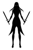 el silueta de un hermosa niña con largo cabello, él soportes graciosamente con dos emparejado combate cuchillos Listo para batalla vector