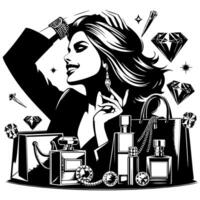 Black and white Illustration of a lucky luxurious Shopping Lady with Bags and Diamonds and Parfum vector