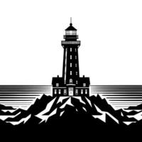 Black and White Illustration of a traditional old Lighthouse on the rocks vector