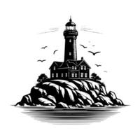 Black and White Illustration of a traditional old Lighthouse on the rocks vector