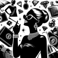 Black and white Illustration of a lucky luxurious Shopping Lady with Bags and Diamonds and Parfum vector