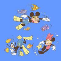 Disney animated character set mickey mouse minnie mouse and goofy cartoon swimming in the beach vector