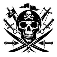 negro y blanco ilustración de pirata símbolo con espadas y sombrero vector