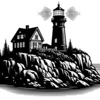 Black and White Illustration of a traditional old Lighthouse on the rocks vector