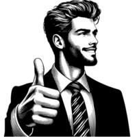 Black and White Illustration of a Man in Business Suit is showing the Thumbs up Sign vector