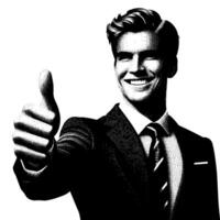 Black and White Illustration of a Man in Business Suit is showing the Thumbs up Sign vector