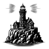 Black and White Illustration of a traditional old Lighthouse on the rocks vector