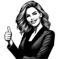 Black and White Illustration of a Woman in Business Suit is showing the Thumbs up Sign vector