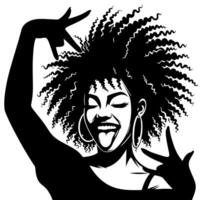 negro y blanco ilustración de un punk mujer es bailando y sacudida en un exitoso actitud vector