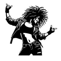 negro y blanco ilustración de un punk mujer es bailando y sacudida en un exitoso actitud vector