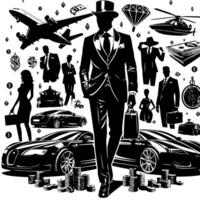 negro y blanco ilustración de un exitoso negocio hombre con dinero carros muchachas y lujo vector