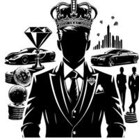 Black and white Illustration of a successful Business Man with Money Cars Girls and Luxus vector