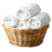 Basket of clean towels on a wooden table on isolated transparent background png