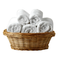 Basket of clean towels on a wooden table on isolated transparent background png